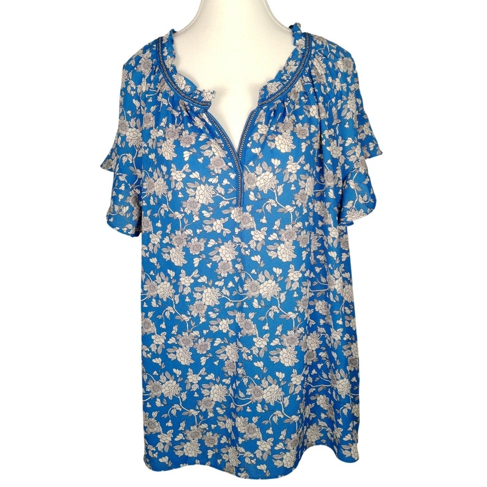 NWT Max Studio Blue Floral Ruffle Short Sleeve Blouse Plus Size‎ 1X